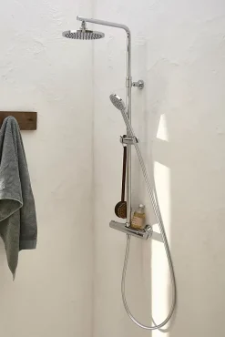 Jacob Delafon Colonne de douche thermostatique avec pommeau + douchette 1 jet + flexible + barre réglable, chromé, Marcel
