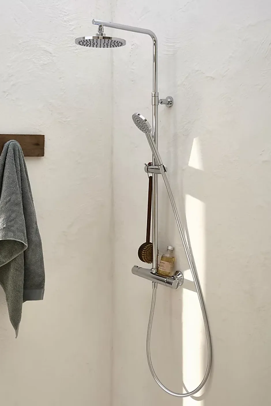 Jacob Delafon Colonne de douche thermostatique avec pommeau + douchette 1 jet + flexible + barre réglable, chromé, Marcel