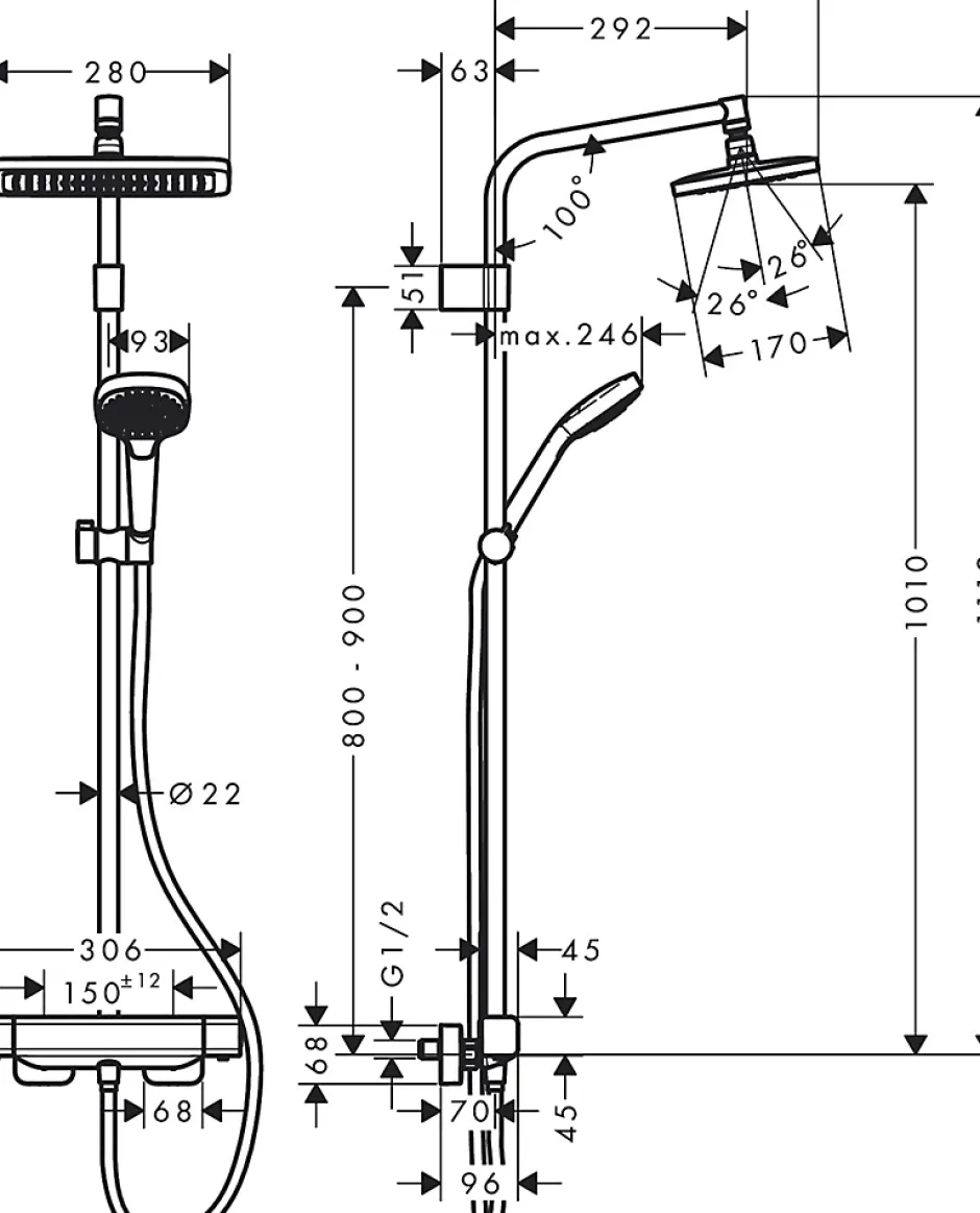 Hansgrohe Colonne de douche thermostatique chromé Croma E* Colonne De Douche Thermostatique