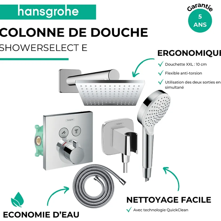 Hansgrohe Colonne de douche thermostatique ShowerSelect E Douche de tête Vernis Shape Flexible Metaflex Douchette Crometta chromé* Colonne De Douche Encastrable