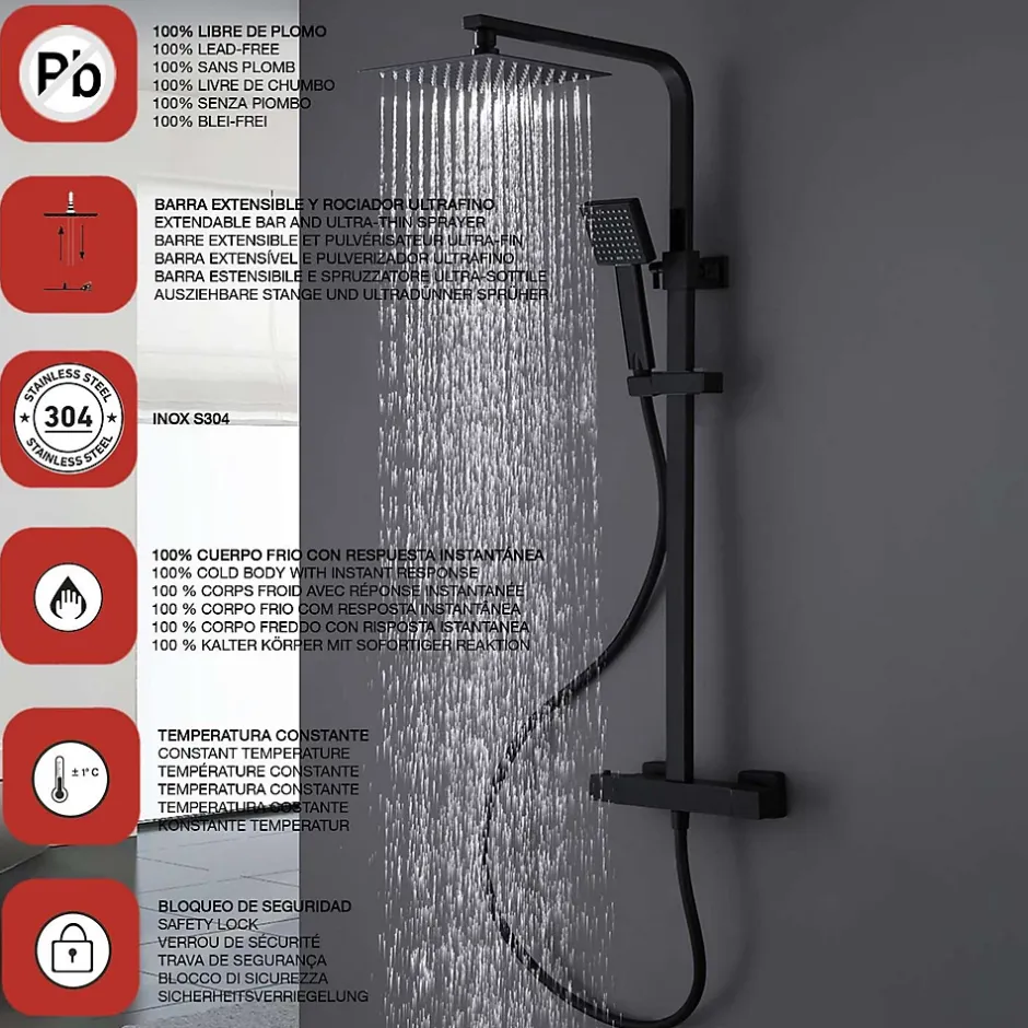 Poalgi Colonne de douche thermostatique avec barre extensible SKY BATH noir mat Inox S304 série PARADISE