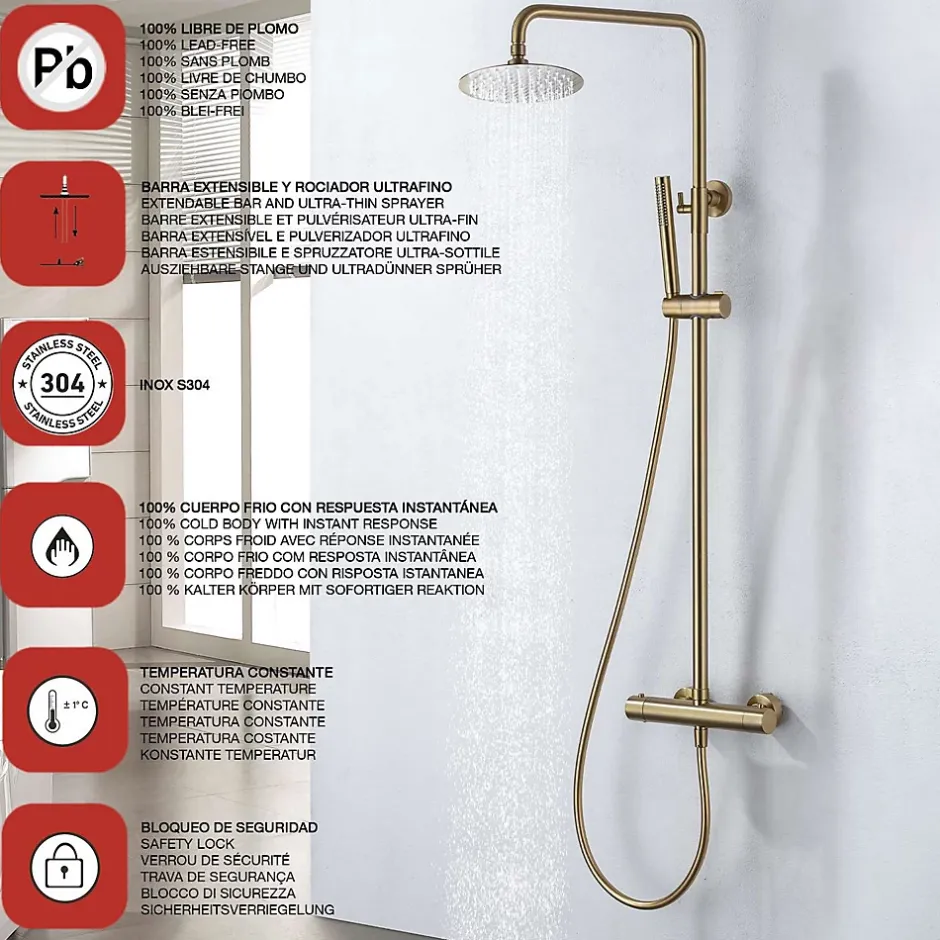 Poalgi Colonne de douche thermostatique avec barre extensible SKY BATH or brossé Inox S304 série SUPREME