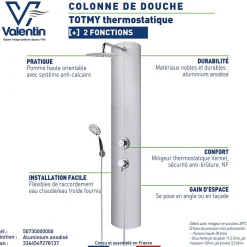 Valentin Colonne de douche thermostatique avec pomme de tête, douchette et flexible, en aluminium anodisé gris, Totmy* Colonne De Douche Hydromassante