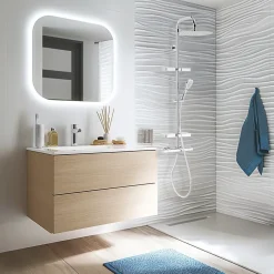Valentin Colonne de douche thermostatique anti-brûlure avec tablette, pomme de tête ronde, douchette et flexible, chrome, Opium