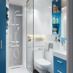 Valentin Colonne de douche thermostatique anti-brûlure avec tablette, pomme de tête ronde, douchette et flexible, chrome, Opium