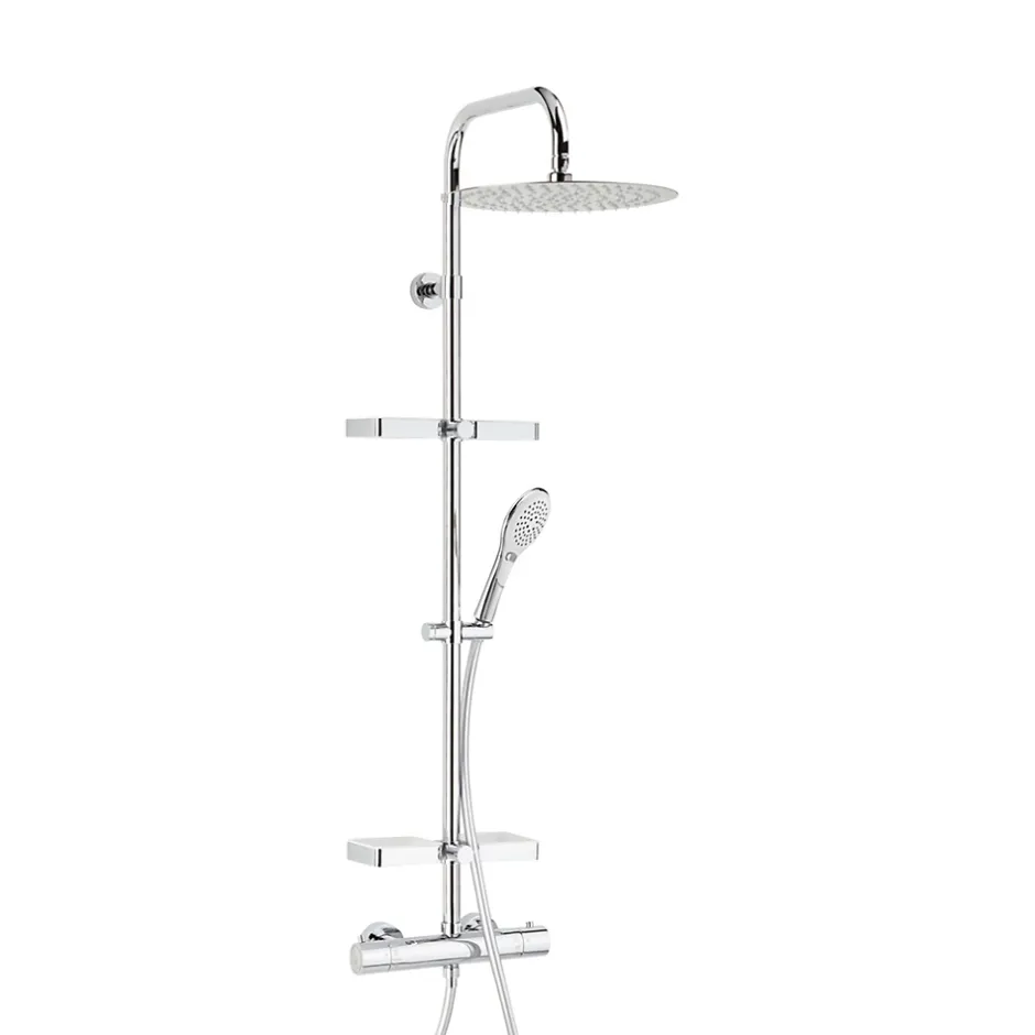 Valentin Colonne de douche thermostatique anti-brûlure avec tablette, pomme de tête ronde, douchette et flexible, chrome, Opium