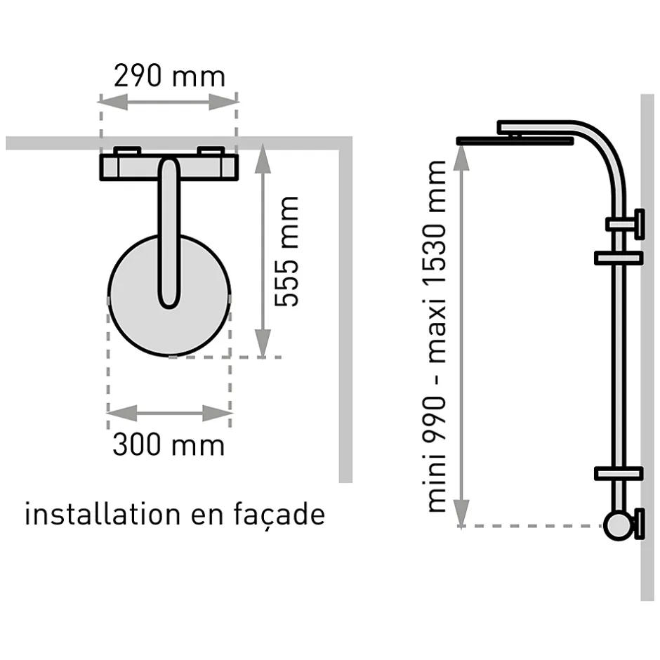 Valentin Colonne de douche thermostatique anti-brûlure avec tablette, pomme de tête ronde, douchette et flexible, chrome, Opium