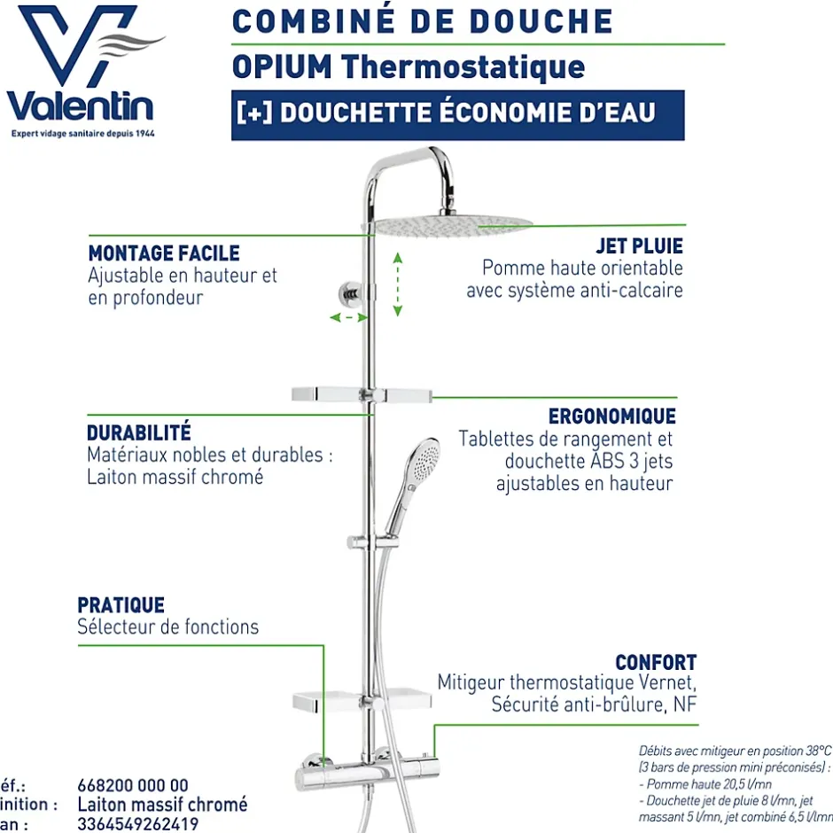 Valentin Colonne de douche thermostatique anti-brûlure avec tablette, pomme de tête ronde, douchette et flexible, chrome, Opium
