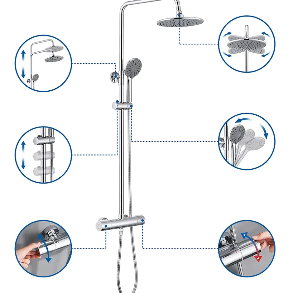 Auralum Max Colonne de Douche Thermostatique 3 Fonctions, Ensemble de Douche Chrome, Douche avec Tête de Douche de 9 pouces