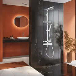 Valentin Colonne de douche thermostatique avec tablettes, pomme de tête, douchette et flexible, chrome, Touareg