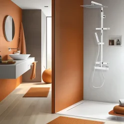 Valentin Colonne de douche thermostatique avec tablettes, pomme de tête, douchette et flexible, chrome, Touareg