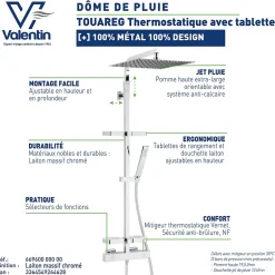 Valentin Colonne de douche thermostatique avec tablettes, pomme de tête, douchette et flexible, chrome, Touareg