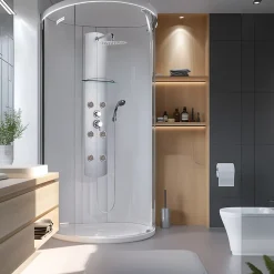 Valentin Colonne de douche thermostatique hydromassante 6 buses avec tablette, pomme de tête, douchette 3 jets et flexible, gris, Totem Alu