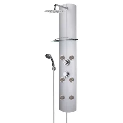 Valentin Colonne de douche thermostatique hydromassante 6 buses avec tablette, pomme de tête, douchette 3 jets et flexible, gris, Totem Alu