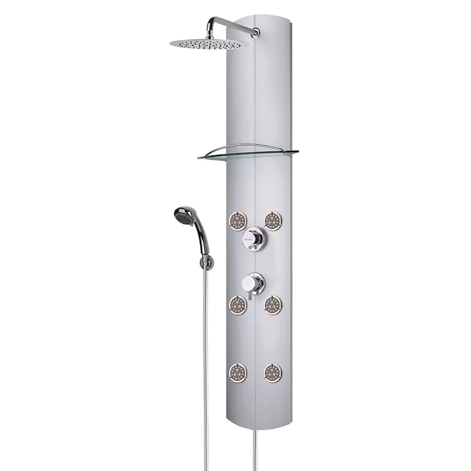 Valentin Colonne de douche thermostatique hydromassante 6 buses avec tablette, pomme de tête, douchette 3 jets et flexible, gris, Totem Alu