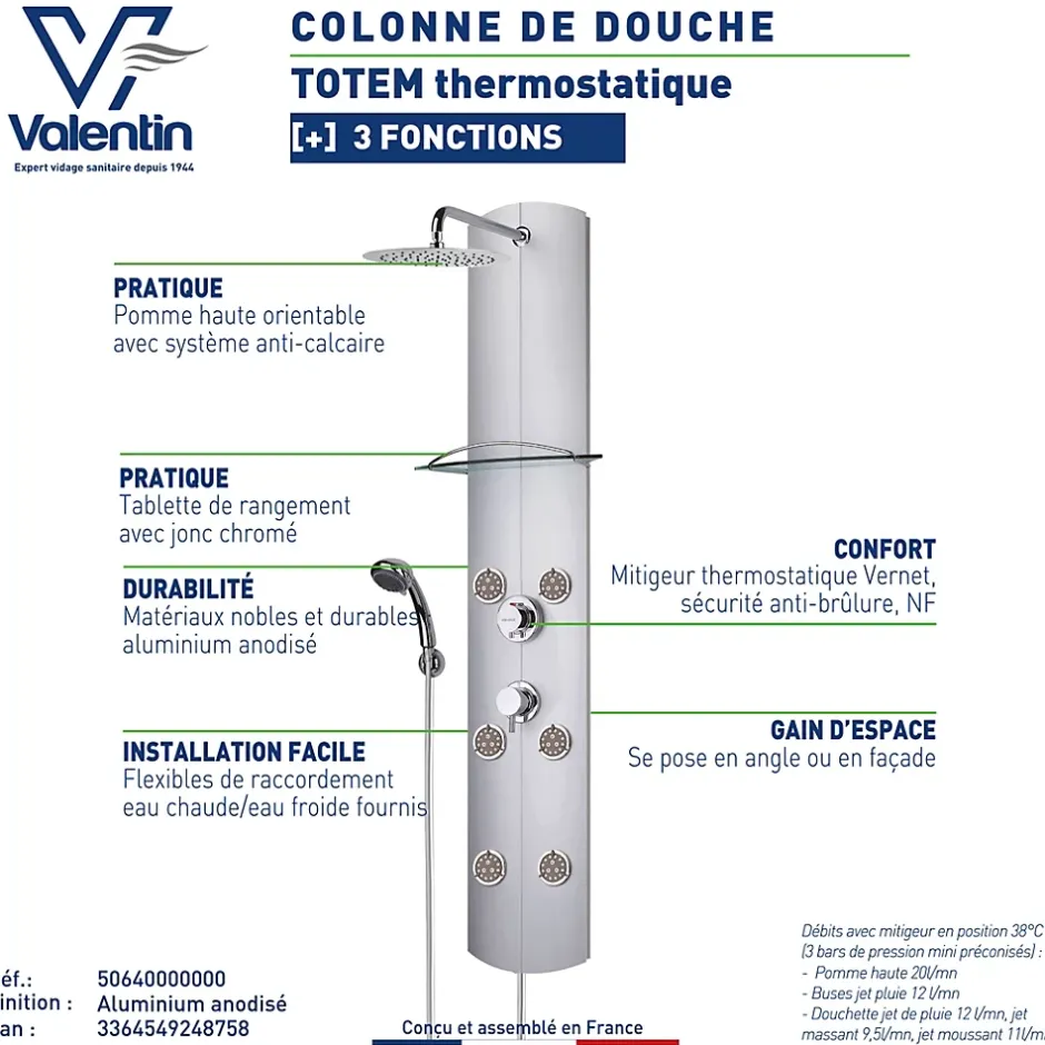 Valentin Colonne de douche thermostatique hydromassante 6 buses avec tablette, pomme de tête, douchette 3 jets et flexible, gris, Totem Alu