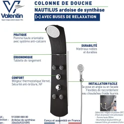 Valentin Colonne de douche thermostatique hydromassante 4 buses avec tablette, pomme de tête, douchette 3 jets et flexible, noir mat, Nautilus* Colonne De Douche Hydromassante