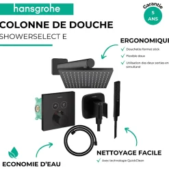 Hansgrohe Colonne de douche thermostatique ShowerSelect E Douche de tête Vernis Shape Flexible Isiflex Douchette PulsifyE noir mat