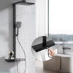 Homelody Colonne de Douche Thermostatique avec Tablette Sécurité 38C Jet Pluie et Cascade Aluminium Noir