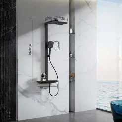 Homelody Colonne de Douche Thermostatique avec Tablette Sécurité 38C Jet Pluie et Cascade Aluminium Noir