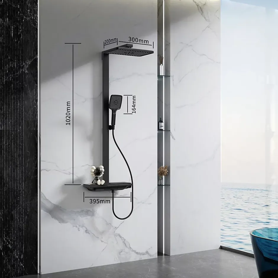 Homelody Colonne de Douche Thermostatique avec Tablette Sécurité 38C Jet Pluie et Cascade Aluminium Noir