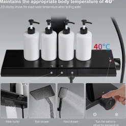 Homelody Colonne de Douche Thermostatique avec Tablette Sécurité 38C Jet Pluie et Cascade Aluminium Noir