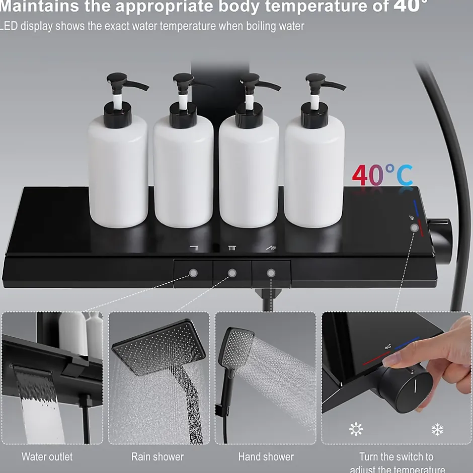 Homelody Colonne de Douche Thermostatique avec Tablette Sécurité 38C Jet Pluie et Cascade Aluminium Noir