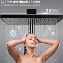 Homelody Colonne de Douche Thermostatique avec Tablette Sécurité 38C Jet Pluie et Cascade Aluminium Noir