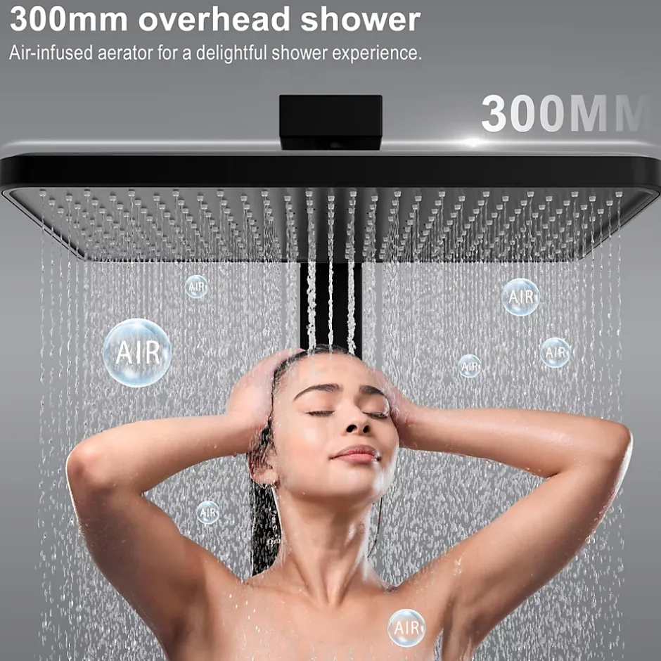 Homelody Colonne de Douche Thermostatique avec Tablette Sécurité 38C Jet Pluie et Cascade Aluminium Noir