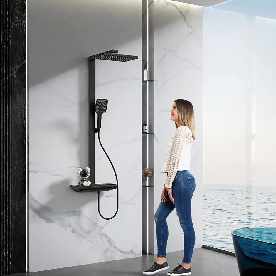 Homelody Colonne de Douche Thermostatique avec Tablette Sécurité 38C Jet Pluie et Cascade Aluminium Noir