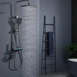 Homelody Colonne de Douche Thermostatique avec Étagère Jet Pluie et Cascade Hauteur Réglable 800-1000 mm Verre et Laiton Gris anthracite* Colonne De Douche Mécanique