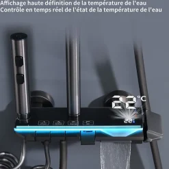 Homelody Colonne de Douche Thermostatique avec Étagère Jet Pluie et Cascade Hauteur Réglable 800-1000 mm Verre et Laiton Gris anthracite* Colonne De Douche Mécanique