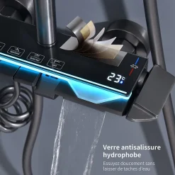 Homelody Colonne de Douche Thermostatique avec Étagère Jet Pluie et Cascade Hauteur Réglable 800-1000 mm Verre et Laiton Gris anthracite* Colonne De Douche Mécanique