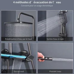 Homelody Colonne de Douche Thermostatique avec Étagère Jet Pluie et Cascade Hauteur Réglable 800-1000 mm Verre et Laiton Gris anthracite* Colonne De Douche Mécanique