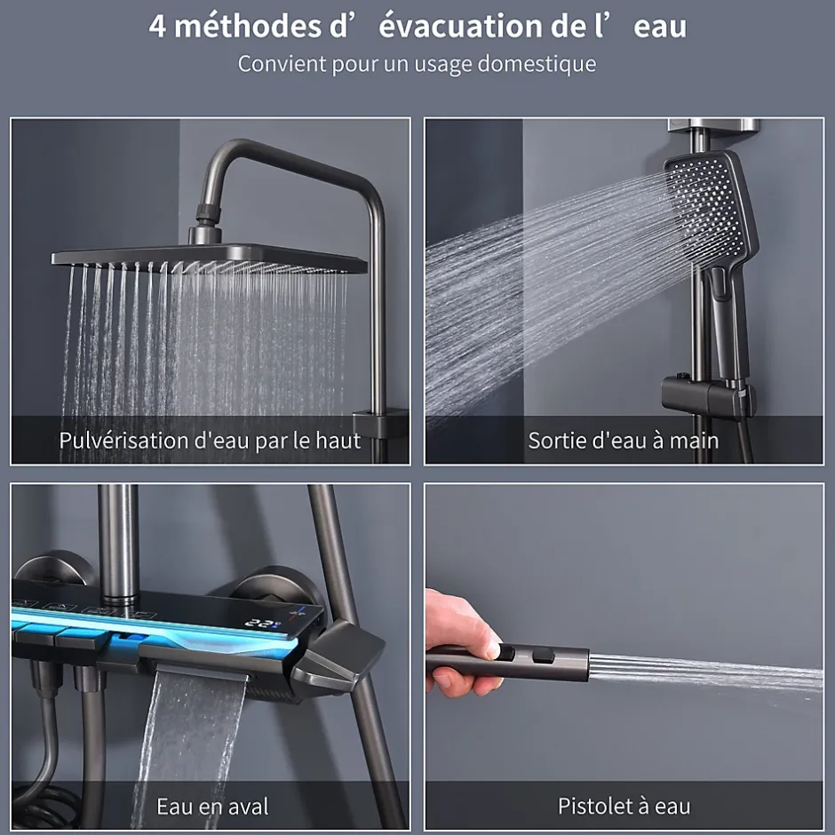 Homelody Colonne de Douche Thermostatique avec Étagère Jet Pluie et Cascade Hauteur Réglable 800-1000 mm Verre et Laiton Gris anthracite* Colonne De Douche Mécanique