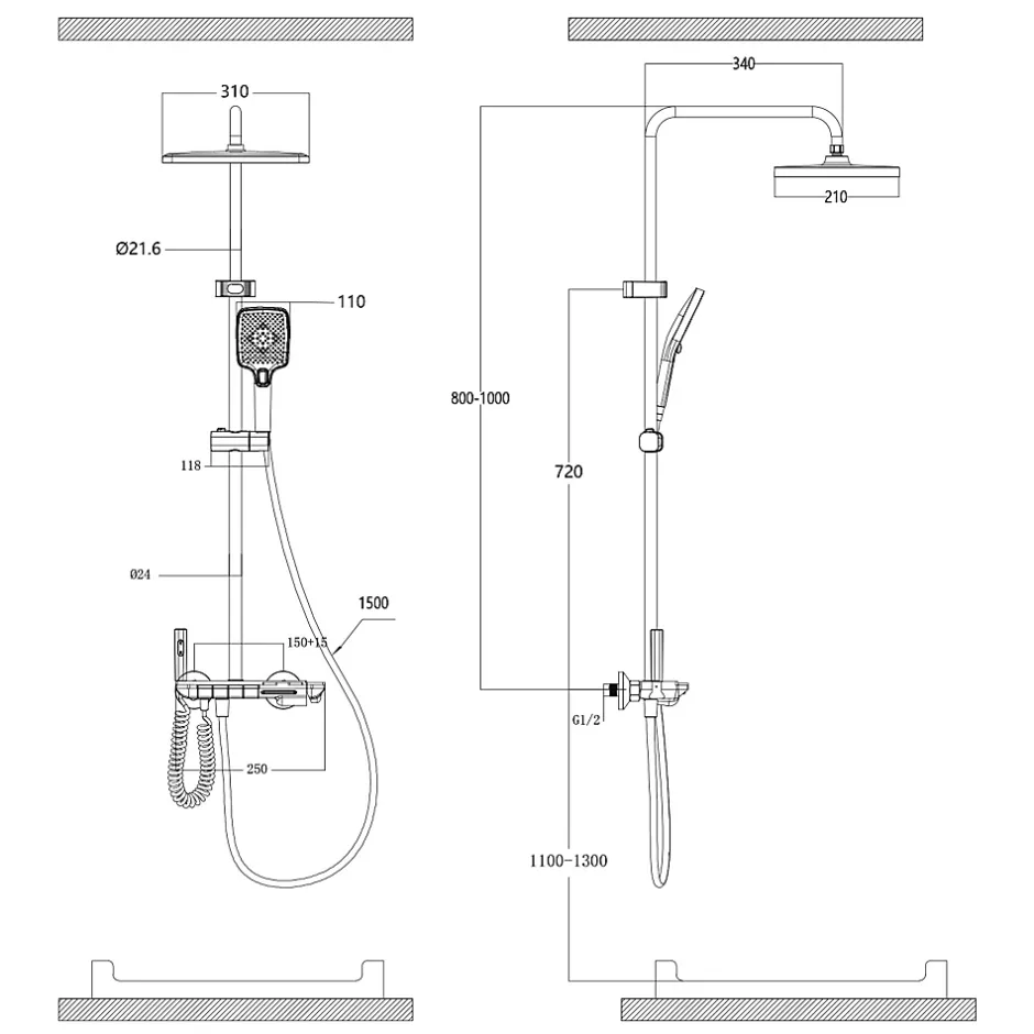 Homelody Colonne de Douche Thermostatique avec Étagère Jet Pluie et Cascade Hauteur Réglable 800-1000 mm Verre et Laiton Gris anthracite* Colonne De Douche Mécanique