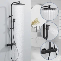 Homelody Colonne de Douche Thermostatique Noir 38C Systeme de Douche en Acier Inox Hauteur Reglable 855 a 1105 mm avec Douchette