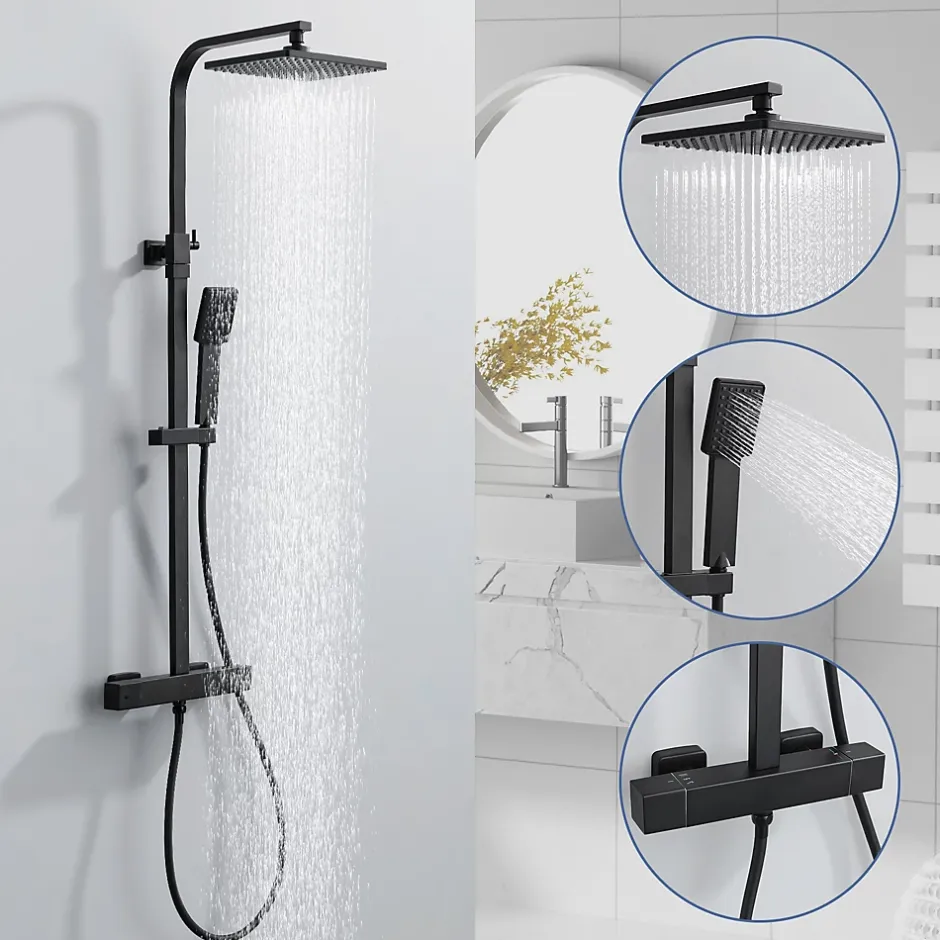 Homelody Colonne de Douche Thermostatique Noir 38C Systeme de Douche en Acier Inox Hauteur Reglable 855 a 1105 mm avec Douchette