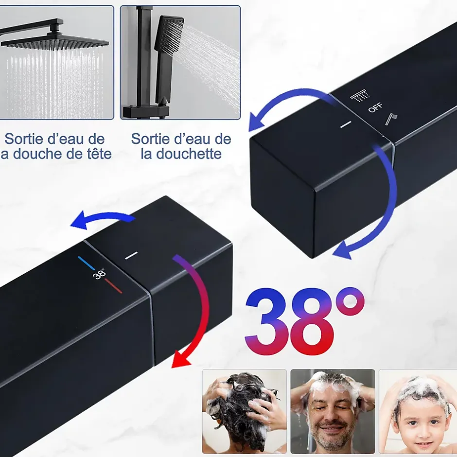 Homelody Colonne de Douche Thermostatique Noir 38C Systeme de Douche en Acier Inox Hauteur Reglable 855 a 1105 mm avec Douchette