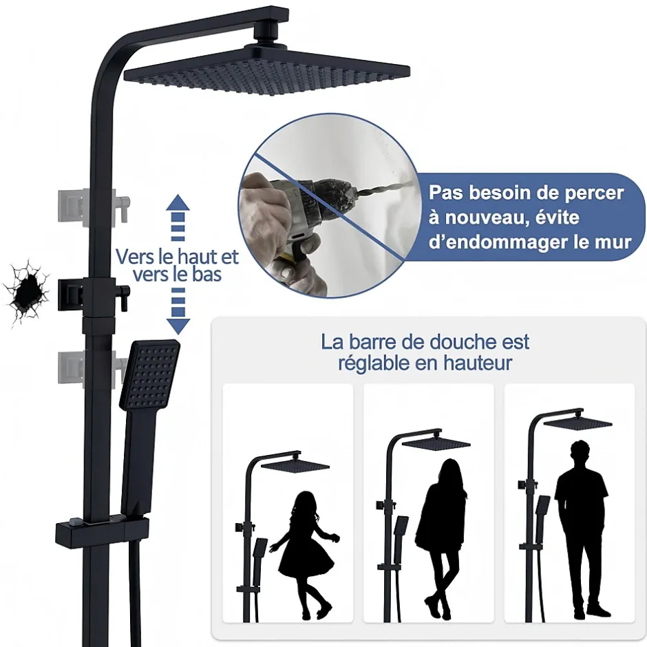 Homelody Colonne de Douche Thermostatique Noir 38C Systeme de Douche en Acier Inox Hauteur Reglable 855 a 1105 mm avec Douchette