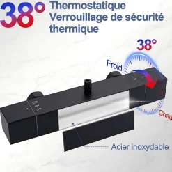 Homelody Colonne de Douche Thermostatique Noir 38C Systeme de Douche en Acier Inox Hauteur Reglable 855 a 1105 mm avec Douchette