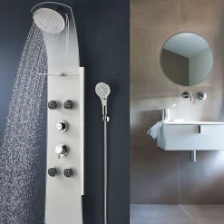 Valentin Colonne de douche thermostatique hydromassante 4 buses avec tablette, pomme de tête, douchette 3 jets et flexible, verre blanc, Nautilus* Colonne De Douche Hydromassante
