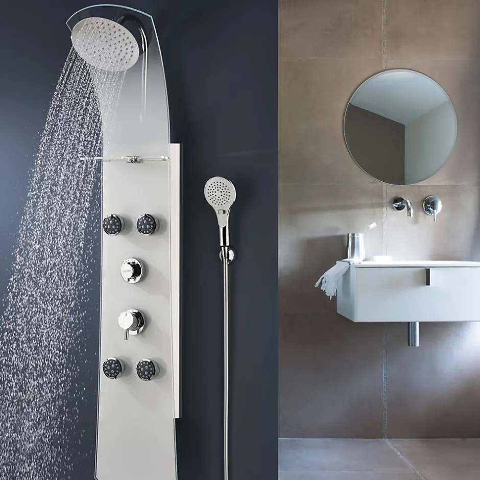 Valentin Colonne de douche thermostatique hydromassante 4 buses avec tablette, pomme de tête, douchette 3 jets et flexible, verre blanc, Nautilus* Colonne De Douche Hydromassante