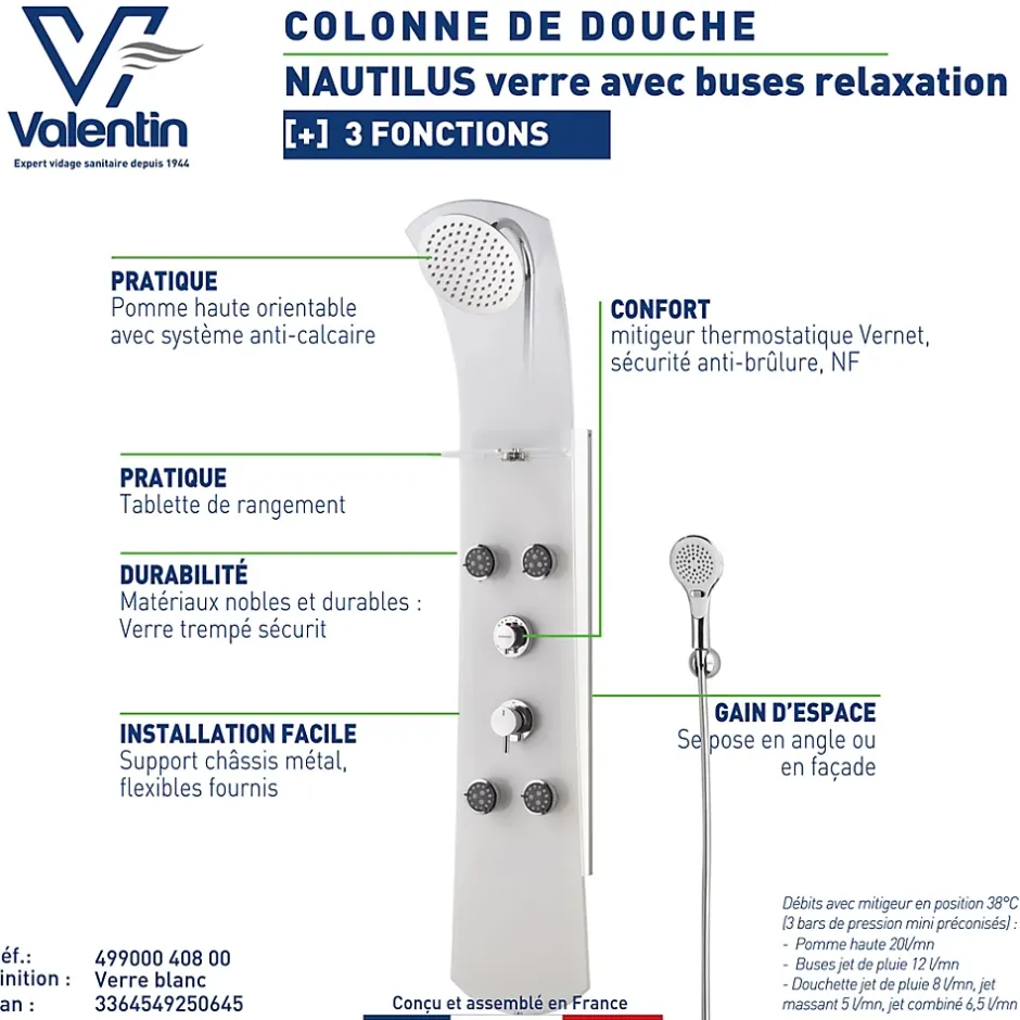 Valentin Colonne de douche thermostatique hydromassante 4 buses avec tablette, pomme de tête, douchette 3 jets et flexible, verre blanc, Nautilus* Colonne De Douche Hydromassante