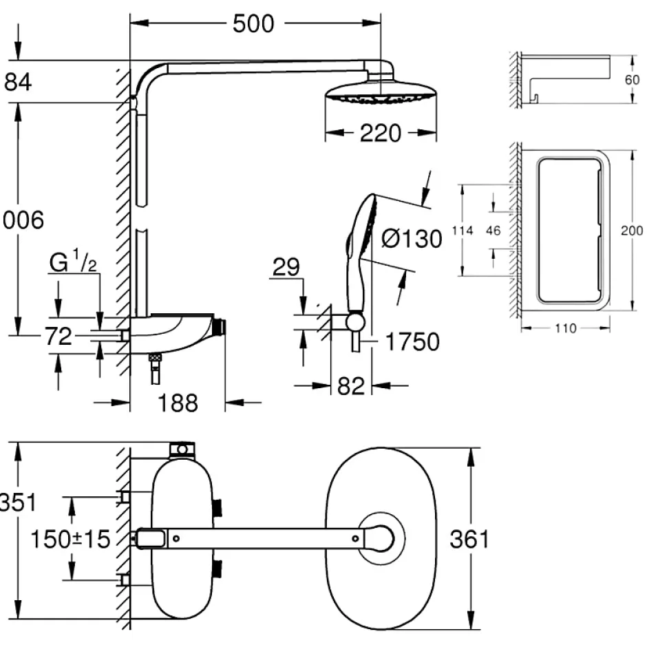 Grohe Colonne de douche thermostatique Rainshower System SmartControl Mono 360 Blanc/chromé + Panier douche Start Cube