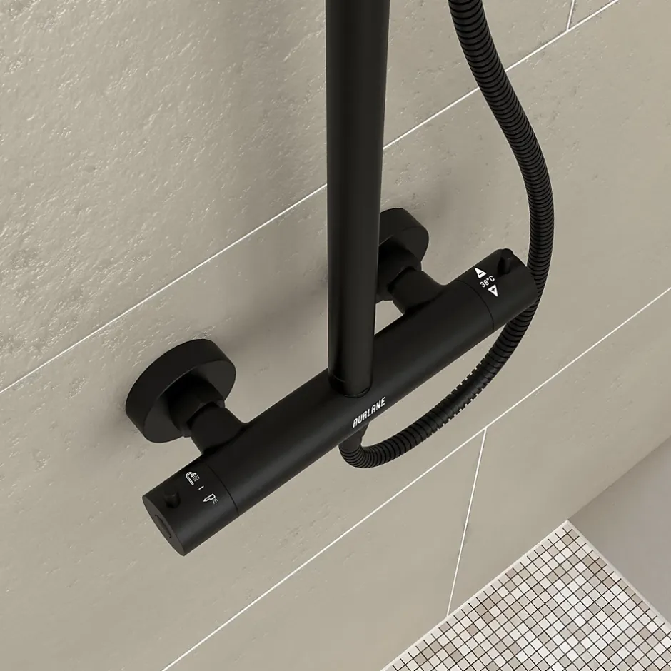 Galedo Colonne de douche thermostatique avec pommeau + douchette 2 jets + flexible + barre réglable, noir mat, Arty