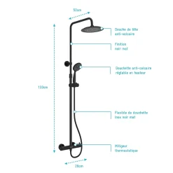 Galedo Colonne de douche thermostatique avec pommeau + douchette 2 jets + flexible + barre réglable, noir mat, Arty