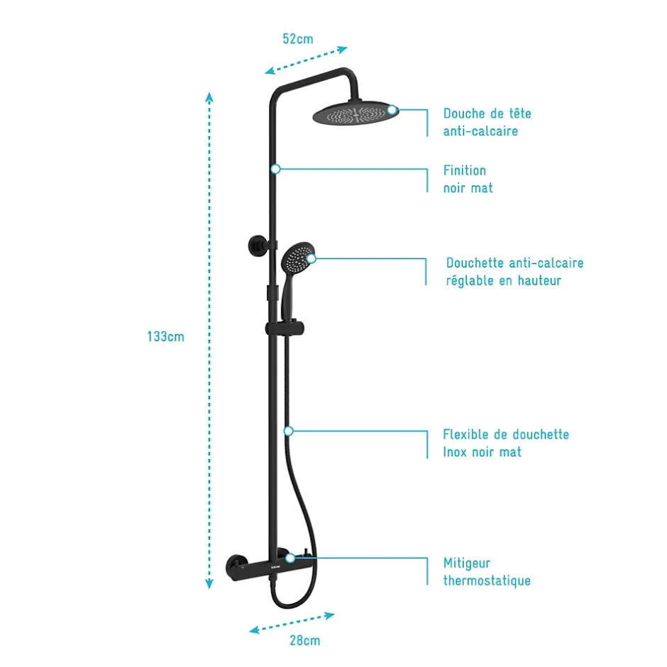 Galedo Colonne de douche thermostatique avec pommeau + douchette 2 jets + flexible + barre réglable, noir mat, Arty