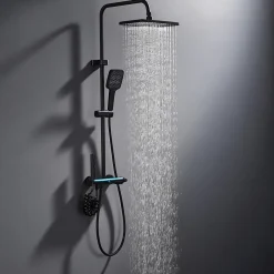 Homelody Colonne de Douche Thermostatique avec Étagère Jet Pluie et Cascade Hauteur Réglable 800-1000 mm Verre et Laiton Noir