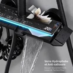 Homelody Colonne de Douche Thermostatique avec Étagère Jet Pluie et Cascade Hauteur Réglable 800-1000 mm Verre et Laiton Noir